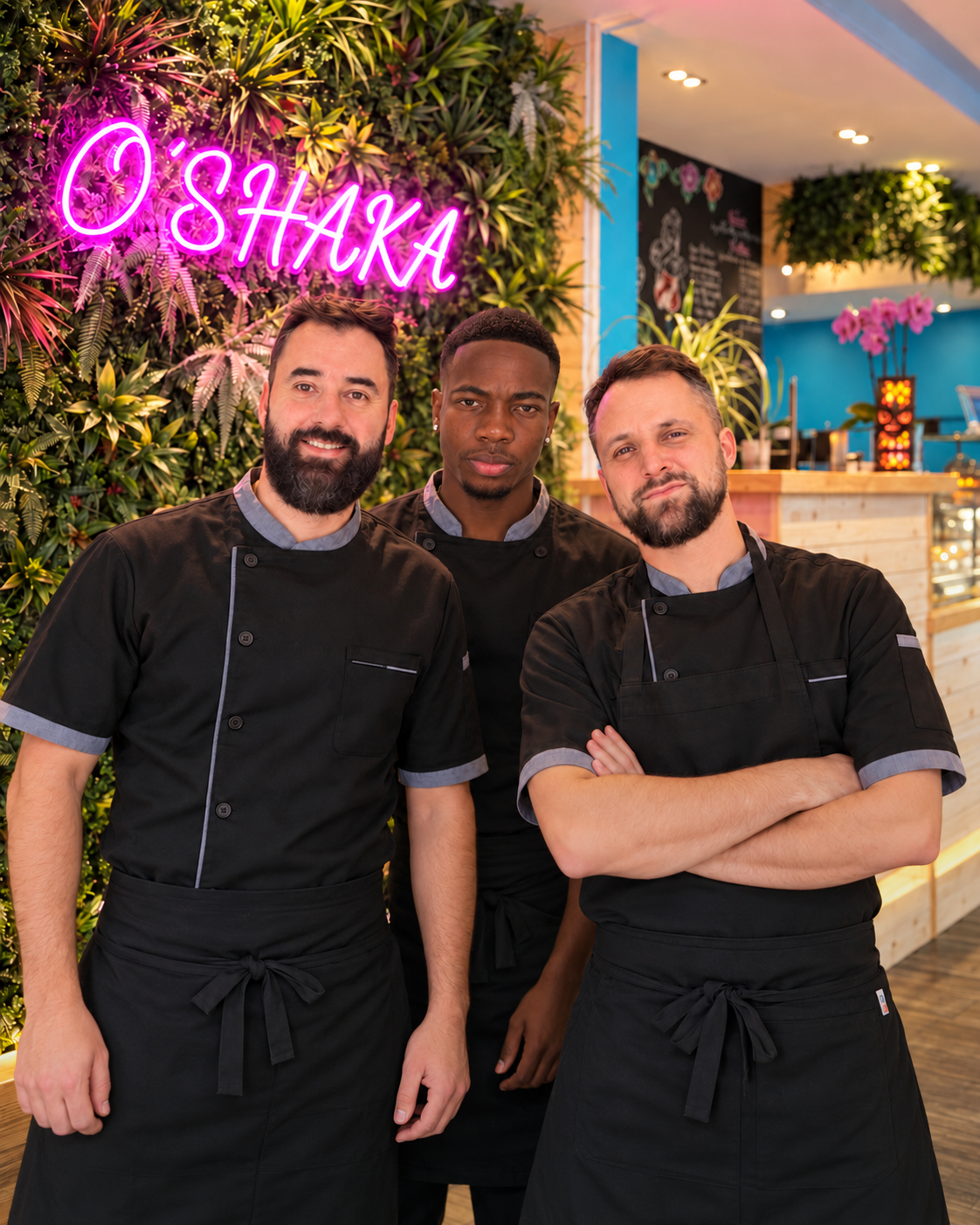 Trois membres de l’équipe O’SHAKA réunis devant le mur végétal du restaurant