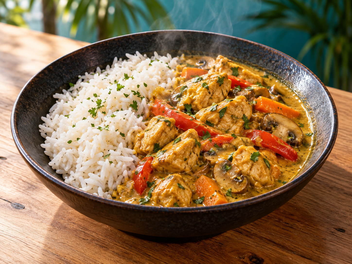 Illustration d’un curry de poulet accompagné de riz jasmin