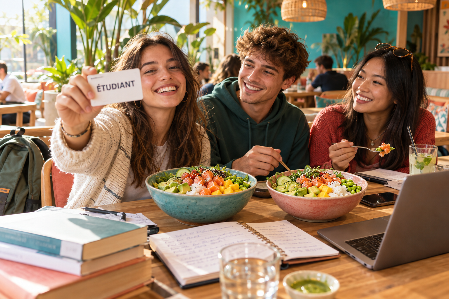 Des étudiants partagent des poke bowls avec leurs cahiers et une carte étudiante