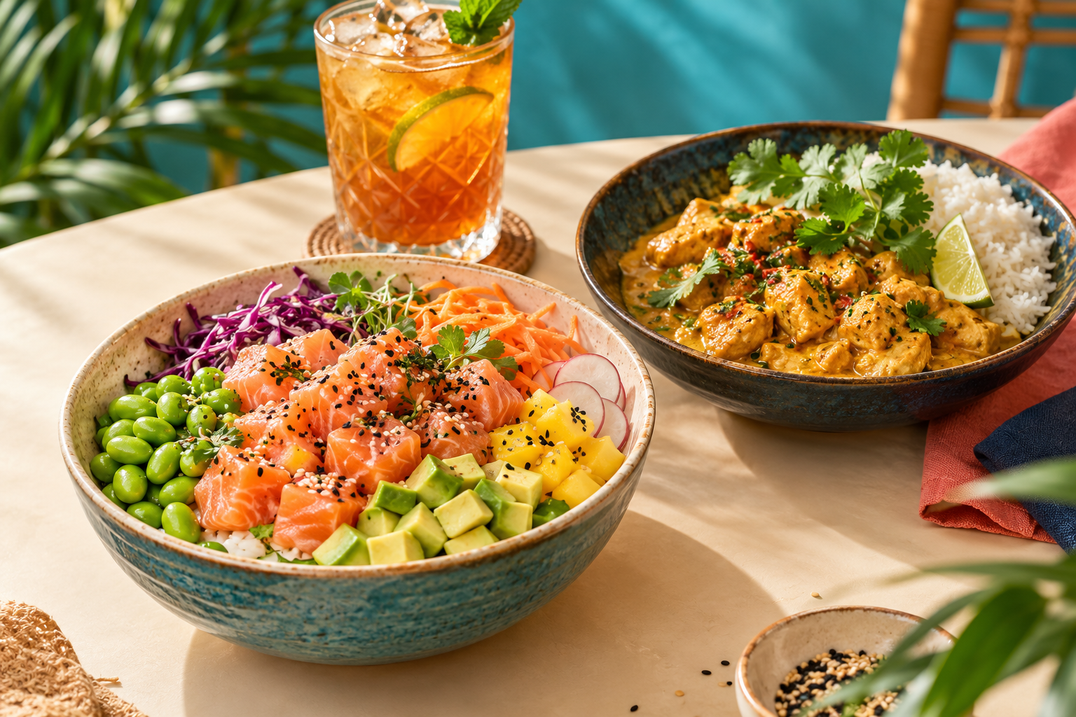 Un repas gourmand avec un poke au saumon et un plat chaud au poulet