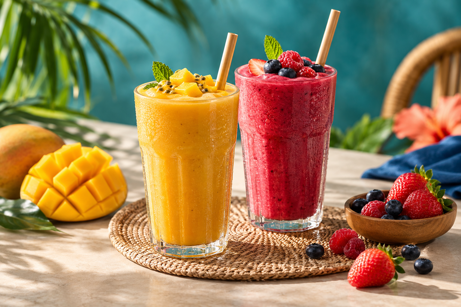 Deux smoothies colorés à la mangue et aux fruits rouges