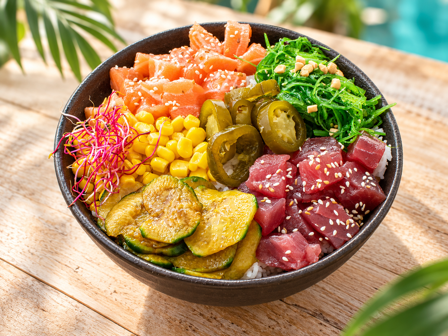 Pokebowl coloré avec riz, poissons, légumes et toppings