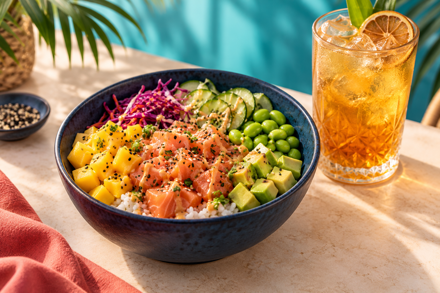 Un Big poke au saumon accompagné d’une boisson