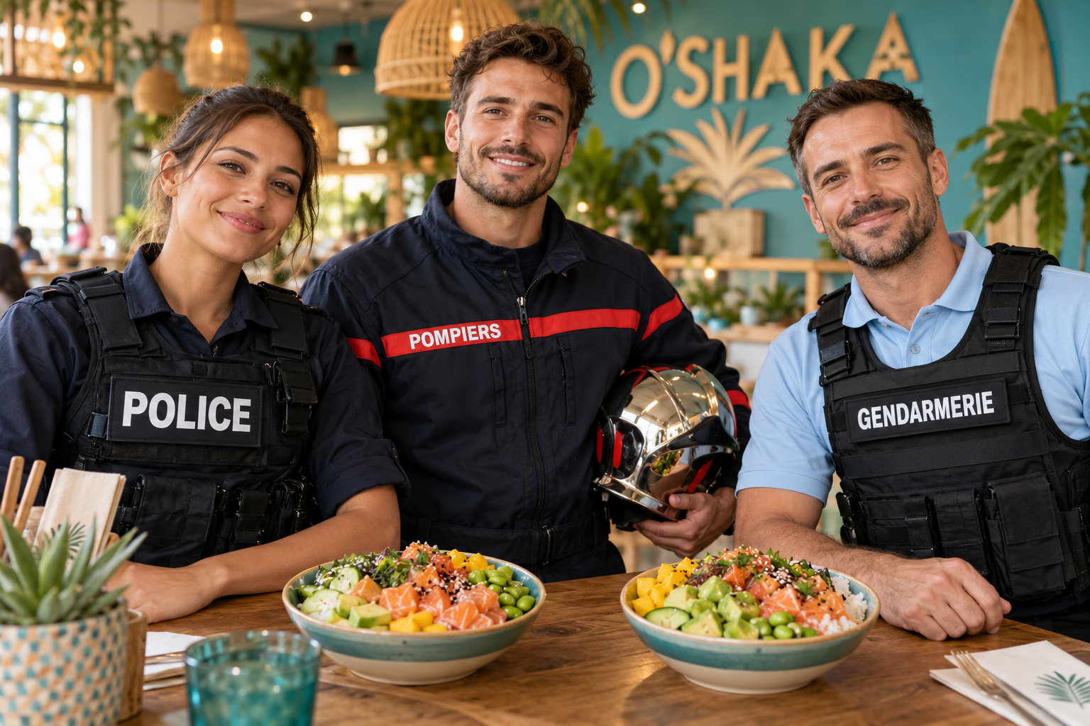 Une policière, un pompier et un gendarme en uniforme autour de poke bowls